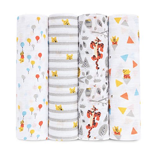 aden + anais Disney Swaddle Blanket, Boutique Muslin Blankets for Girls & Boys, Baby Receiving Swaddles, Infant Swaddling Set, 4 Pack, Winnie The Pooh