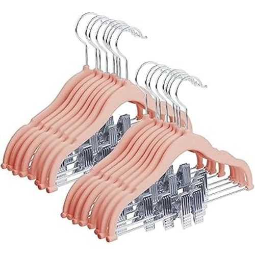 Baby Clothes Hangers with Movable Clips 16 Pack,11.8 Inch Kids Velvet Hangers Non-Slip, Swivel Hook,Space-Saving Children's Coat Hangers for Skirts,Pants,Dresses,Jackets(Pink)