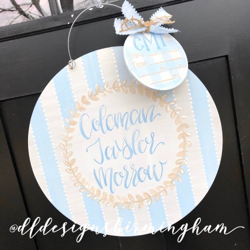 Baby boy Hospital door hanger gingham stripes hand lettering hand painted custom initials name