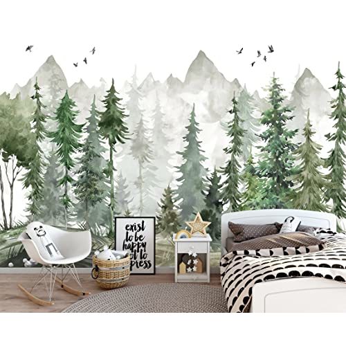 MFWFM Forest Wallpaper Watercolor Green Woodland Mural Wallpaper for Nursery Room (Not Peel n' Stick)