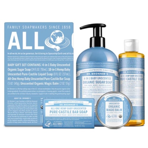 Dr. Bronner's Baby Unscented Gift Set - Pure-Castile Liquid and Bar Soaps, Organic Magic Balm, and 4-in-1 Organic Sugar Pump Soap