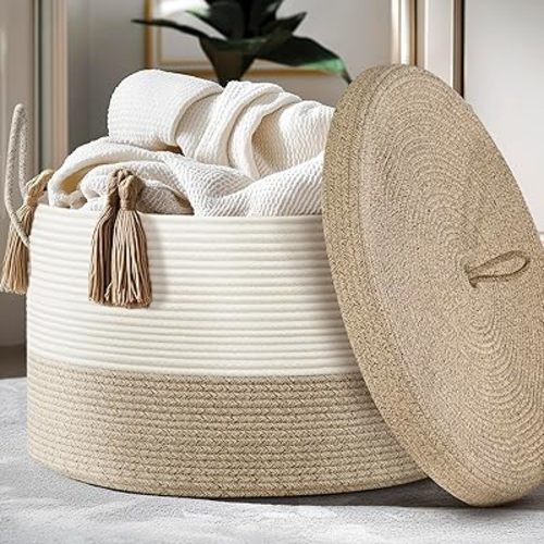 Blanket Basket with Lid - Large Toy Basket for Baby 21.7" x 13.8" Woven Baskets Blanket Storage for Living Room Bedroom, Cotton Rope Laundry Baskets for Towels Pillow, White & Brown
