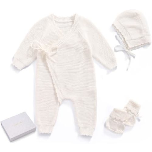 Cotton Baby Knit Romper Kimono Newborn Outfit Gift Set Hat Booties