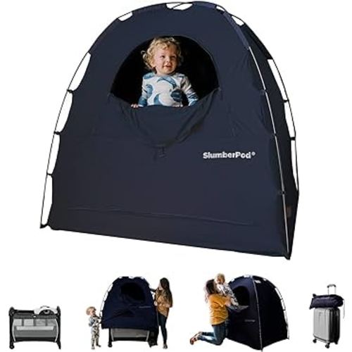 SlumberPod Portable Privacy Pod Blackout Canopy Crib Cover, Sleeping Space for Age 4 Months and Up with Monitor Pouch, Pack n Play Blackout Cover, Baby Travel Crib Canopy (Navy)