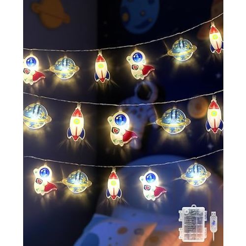 AceList Rocket Planet Astronaut String Lights, 20 LED Space Themed Decor Galaxy Fairy Lights Outer Space Room Decor, Battery&USB Powered for Children's/Kids' Rooms, Party, Christmas, Classroom