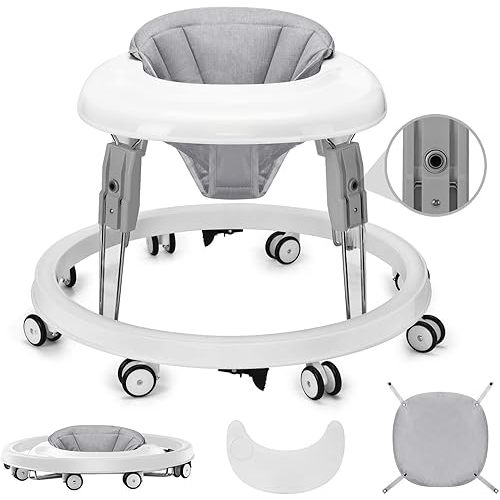 One-Touch Folding Baby Walker, Anti-Roll 8-Wheel Round Chassis, 7-Speed Height Adjustment, with Large Dinner Plate and Brake, 6-18 Months Baby Walker, Gray.