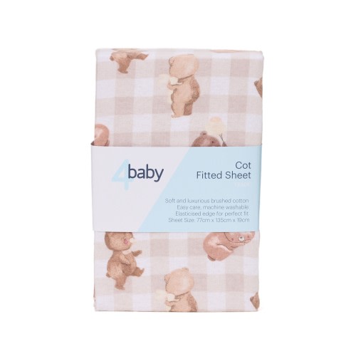 4baby Flannel Cot Fitted Sheet Gingham Teddies Natural