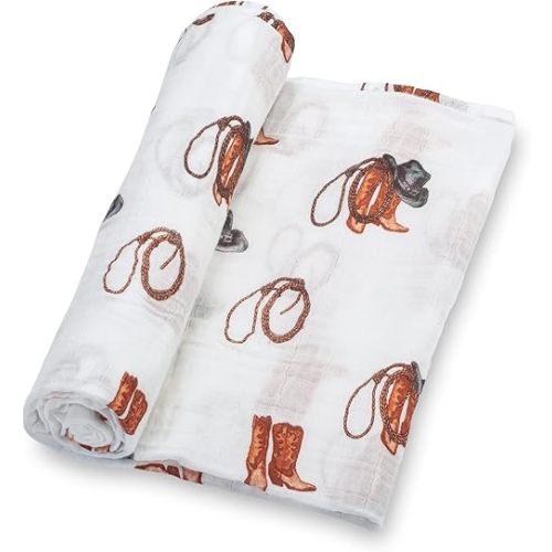 LollyBanks Baby Blanket for Boys, Large 47 x 47 Inches Soft Muslin Swaddle Blankets, 100% Cotton Breathable and Lightweight Baby Receiving Blankets, Baby Essentials, Registry (Cowboy Boot Print)