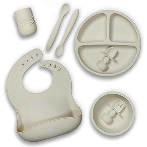 Silicone Baby Feeding Set, Baby Led Weaning Supplies - Suction Plate and Bowl, Self Feeding Spoon and Fork, 2 Bendable Spoons, Tiny Cup, Bib, First Stage Eating Utensils, Baby Dishes