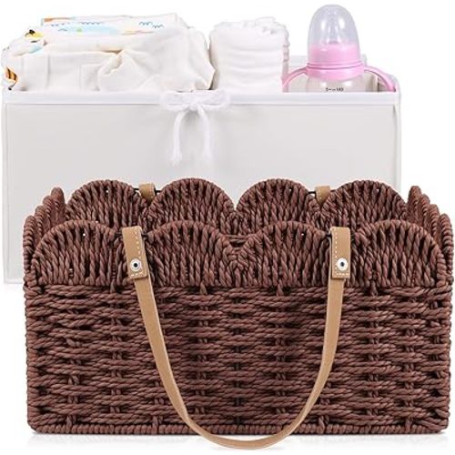 Baby Diaper Caddy Organizer, Woven Wicker Paper Rope Storage Basket with Cotton Divider, Portable Large Nursery Bin Scalloped Diaper Caddy Newborn Essetials Must Haves