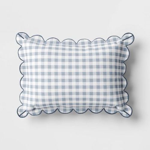 14"x20" Gingham Scalloped Edge Outdoor Lumbar Pillow Slate Blue - Threshold™ Designed With Studio Mcgee