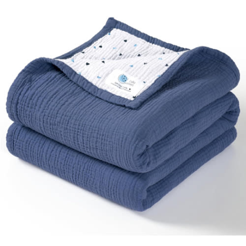Lulu moon Muslin Baby Blanket - Cotton Quilt Blankets for Toddlers - Reversible Nursery Crib Blanket for Baby Boys and Girls 47"x47"(Blue)