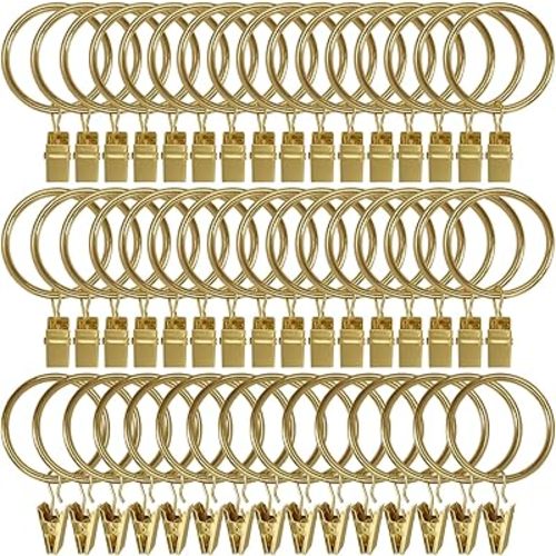 60 Pack Metal Curtain Rings with Clips, Curtain Clip Rings Hooks for Hanging Drapery Drapes Bows, Curtain Rod Rings 1.5 inch Interior Diameter, Gold