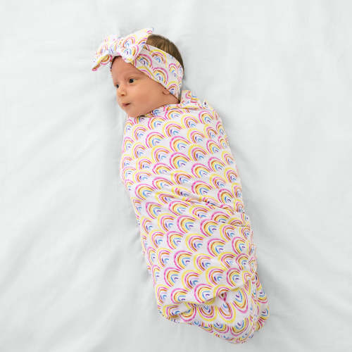 Pastel Rainbows Swaddle & Luxe Bow Headband Set - Little Sleepies