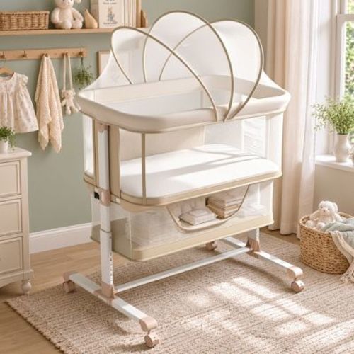 TODECARE 3-in-1 Convertible Baby Bassinet Bedside Sleeper with Adjustable Height, Wheels & Mosquito Net, Beige