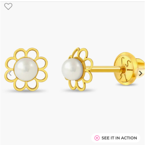 14k Gold Flower Freshwater Pearl Baby / Toddler / Kids Earrings Safety