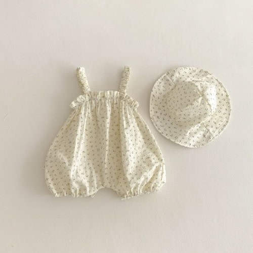 Baby Beige Little Flower Overalls with Hat
