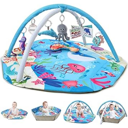 Baby Gym Play Mat, 8-in-1 Tummy Time Mat & Activity Gym, Washable Ball Pit, Infant Play Mat with Detachable Toys for Sensory Exploration and Motor Skill Development