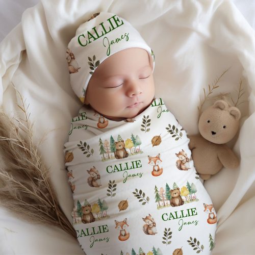 Personalized Cute Butterfly Rabbit Bird Woodland Animals Swaddle Blanket and Knot Hat Set with Name Baby Shower Birthday Gift for Newborns - CALLIE