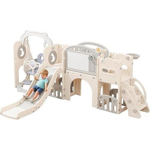 12 in 1 Toddler Outdoor Playset with Swing, Indoor Swing and Slide Set Playground for Toddlers 1-3, Durable Climber Basketball Hoop Ball Toddler Indoor Playset for Home Playground-White Grey