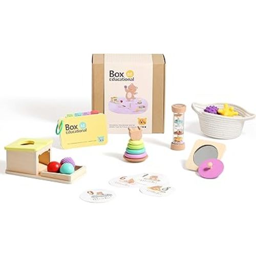 IEATFO Montessori Toys for Babies 6-9 Months, 7-in-1 Wooden Playful Learning Toys with Rainmaker, Multi Sensory Ball, Object Performance Box, Stacking & Nesting Rings, Mirro Knob Puzzle and More