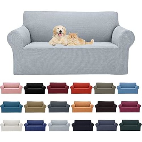 2025 New Stretch Loveseat Sofa Slipcovers Couch Cover for 2 Cushion Furniture Protector Sofa Covers with Elastic Bottom Jacquard Fabric Small Checks for Pets, Kids - Silver