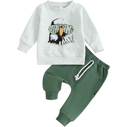 Kuriozud Baby Boy 2Pcs Football Outfit Long Sleeve Eagle Print Sweatshirt + Trousers Set Toddler Clothes
