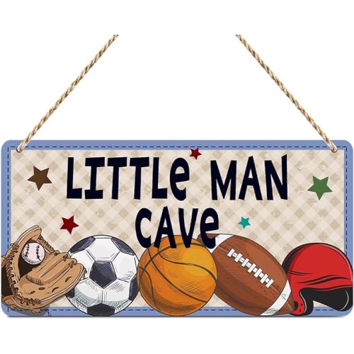 Boys Sports Little Man Cave Sign Boys Room Decor Soccer Basketball Baseball Football Wall Decor Wooden Hanging Plaque Wood Sign Home Bathroom Living Room Farmhouse Playroom Bedroom Nursery Decor