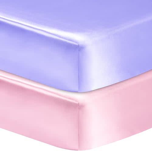 GUNTAIL 2 Pack Satin Soft Crib Sheet for Baby with Sensitive Hair Silky Baby Mattress Sheet Pink and Violet Unisex 52’’x28’’x8’’ Fitted Sheets