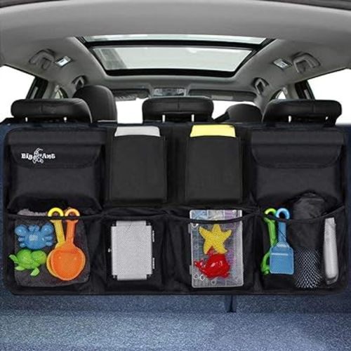 Big Ant Back Seat Trunk Organizer,Space Saving Car Trunk Storage Organizer with Lid Keep your Trunk Clean and Tidy 8 Large Pockets Car Organizer for Kids,Travel (34 x 18 inch)