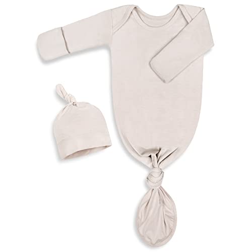 Newborn Knotted Baby Gown 0-6 Months, Super Soft Breathable Nightgowns for Babies Girl and Boy, Baby Girls Coming Home Hospital Outfit with Hat Set Oatmeal