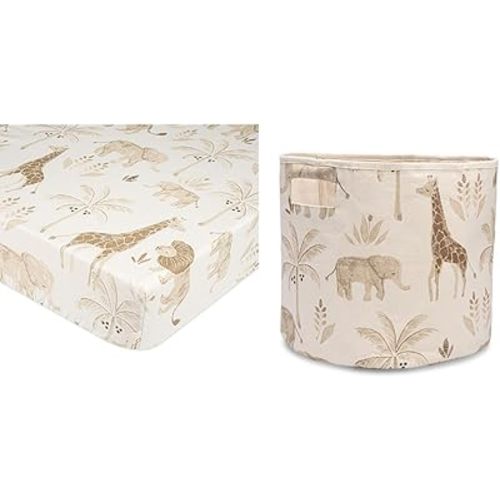 Crane Baby Soft Cotton Crib Sheet, Storage Bin, Safari Animal Print, 28”w x 52”h x 9”d