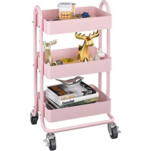 MIOCASA 3-Tier Metal Utility Rolling Cart, Heavy Duty Multifunction Cart with Lockable Casters, Easy to Assemble, Suitable for Office, Bathroom, Kitchen, Garden (Pink)