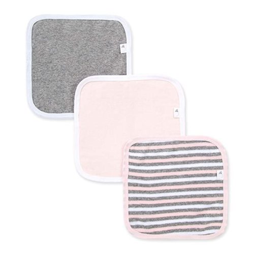 Burts Bees Baby Infant Washcloths Made of 100% Organic Cotton, Soft and Super Absorbent Knit Terry Cloths, 3-Pack Newborn Bath Essentials, Heather Gray and White Wash Cloths - Blossom Stripe