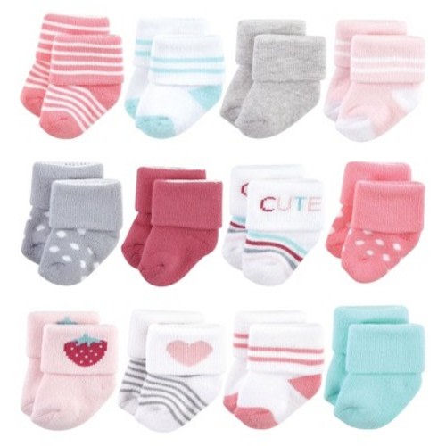 Hudson Baby Infant Girl Cotton Rich Newborn and Terry Socks, Strawberry, Color: Strawberry 12-pack, Size: 0-6 months