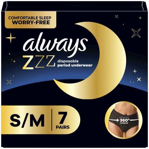 Always ZZZ Overnight Disposable Period Underwear Size S/ M, (Pant Size 4-10) 7 Count HSA/FSA Eligible