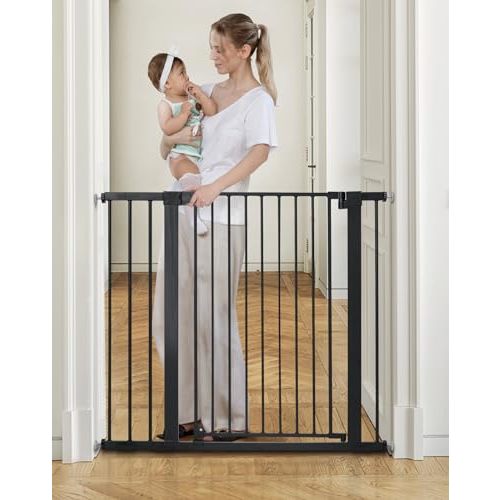 COMOMY 36" Extra Tall Baby Gate for Stairs Doorways, Fits Openings 29.5" to 43.3" Wide, Auto Close Sturdy Safety Dog Gate for House, Pressure Mounted Easy Walk Through Pet Gate with Door, Black