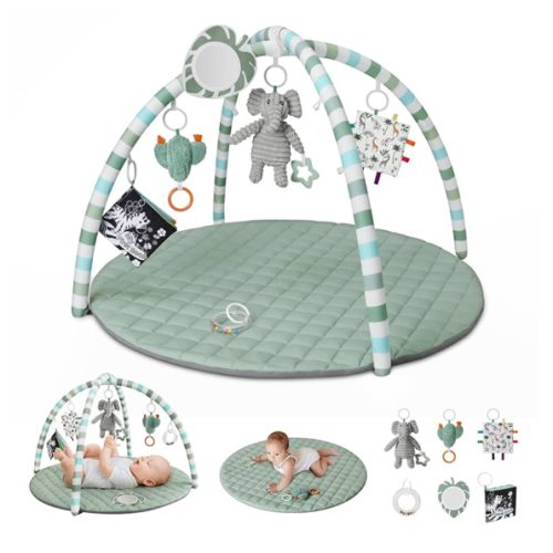 Blissful Diary Baby Play Gym Mat, Play Mat Activity Mat with 6 Detachable Toys for Stage-Based Sensory & Motor Skill Development, Easy to Install & Clean, Baby Essentials Gift, Sage Green