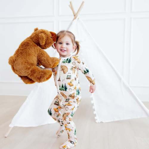 Print Footie with 2 Way Zipper in Latte Camping Animals