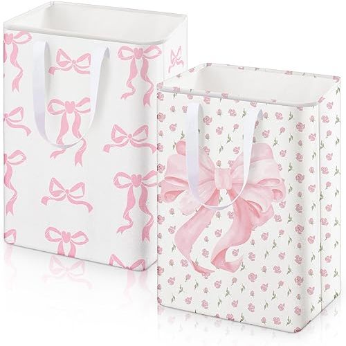 2 Pack Pink Bow Large Laundry Baskets, Bow Laundry Hamper with Handle, Pink Waterproof Canvas Fabric Lightweight Storage Basket, Bathroom Decor, Collapsible Clothes Hamper in Room