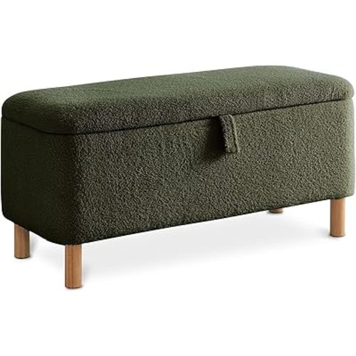 Boucle Storage Ottoman Bench for Bedroom end of Bed, Sherpa Upholstered Shoe Seat Storage Bench for Entryway Bed Foot, Rectangle Cushion Padded Blanket Chest Cute for Living Room, Blackish Green