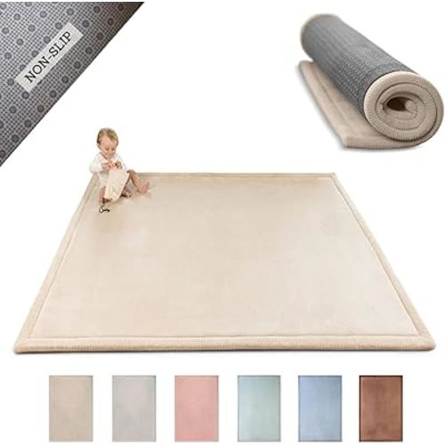 Stylish Coral Velvet Baby Play Mat for Floor 60"x80" Beige – Soft 1" Thick High-Density Memory Foam Nursery Rug, Kids Rug with Non-Slip Backing for Crawling & Playing, Playroom Rug, Kids Carpet