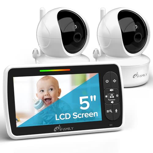 iFamily Baby Monitor with 2 Cameras | Remote Pan-Tilt-Zoom Video Baby Monitor with Camera and Audio, 5 Large Display, Night Vision, Temperature Display, Lullaby, 2 Way Audio & 960ft Range