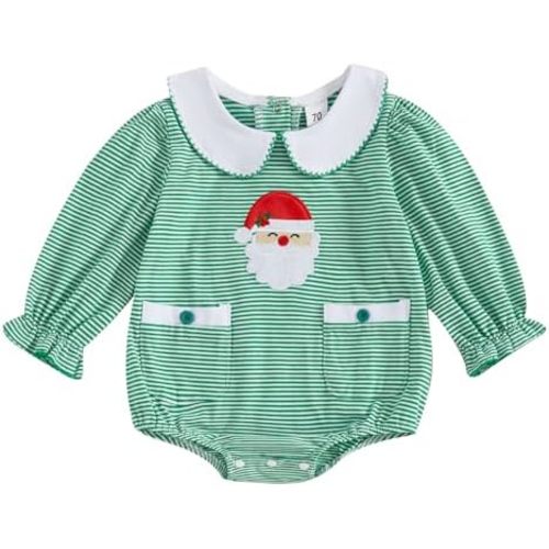 My First Christmas Baby Girl Outfit, Newborn Santa Bubble Romper Long Sleeve Peter Pan Collar Striped Onesie