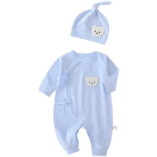 Baby Ribbed Romper and Hat Set with Bear Applique, 100% Cotton Infant Bodysuit, White, Long Sleeve