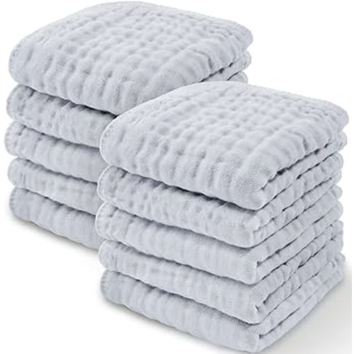 Baby Washcloths, Muslin Cotton Baby Towels, Large 10”x10” Wash Cloths Soft on Sensitive Skin, Absorbent for Boys & Girls, Newborn Baby & Toddlers Bibs & Burp Cloths Essentials Set (Slate, Pack of 10)