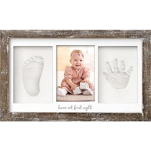 Baby Hand and Footprint Kit - Clay Handprint Keepsake Frame, Newborn Nursery Picture Frame, Personalized New Mom Gifts for Baby Shower & Registry (Barnwood)