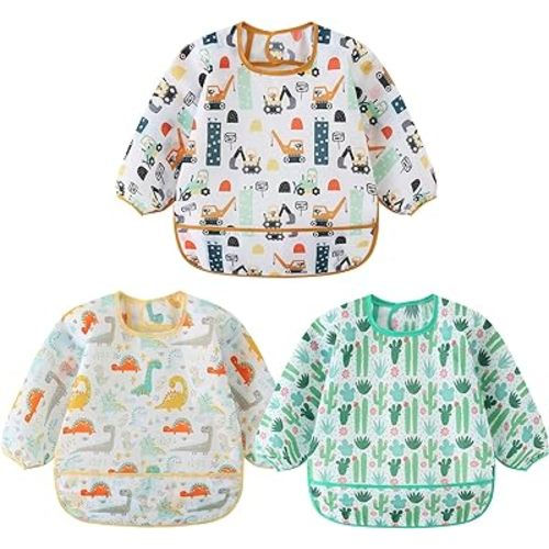 3 Pcs Waterproof Long Sleeves Baby Bibs Weaning Smock Bib 3-24 Months