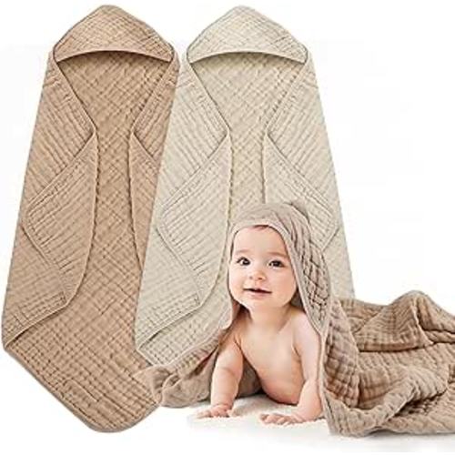 Hooded Baby Bath Towels for Newborn, 2 Pack - 6-Layer 100% Muslin Cotton, Soft Absorbent Baby Towels with Hood for Babies, Infants & Toddlers, Large 32x32 Inch Unisex Newborn Baby Bath Essentials
