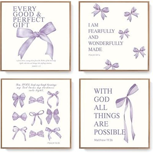 LARTSFRO Coquette Purple Bow Wall Art Decor Posters, Purple Bow Room Bedroom Bathroom Wall Art Decor Aesthetic for Teen Girls Gifts, Inspirational Bible Verses Bow Wall Decor, 10x10 Inch Set of 4 Bow Pictures Unframed